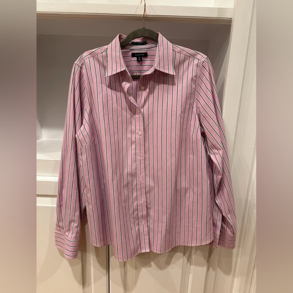 Lands' End Pink and Navy Striped Men's Dress Shirt